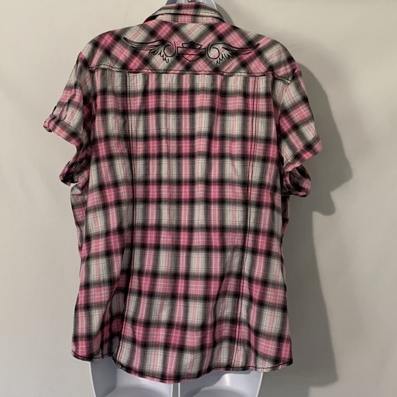Harley Davidson Button-Down Plaid Shirt Button/Cuffed Sleeves Pink/Black/White - Picture 9 of 14